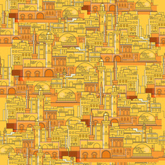 Obraz premium Panorama of the tourist Muslim city with turrets and ancient houses seamless pattern. Arab city Wallpapers