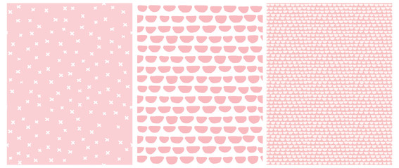 Simple Geometric Irregular Vector Prints Ideal for Fabric, Wrapping Paper.Abstract Hand Drawn Childish Style Vector Patterns.Pink Semi Circles Isolated on a White Background.White Crosses on a Pink.