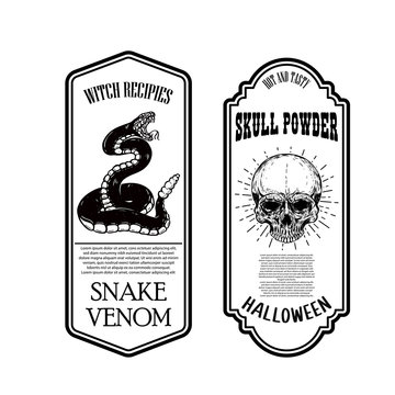 Halloween snake poison. Skull powder. Bottle label template. Design element for poster, card, banner, sign. Vector illustration