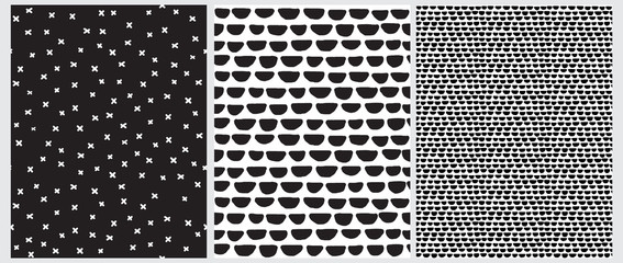 Simple Geometric Irregular Vector Prints Ideal for Fabric, Wrapping Paper.Abstract Hand Drawn Childish Style Vector Patterns.Black Semi Circles Isolated on a White Background.White Crosses on a Black.