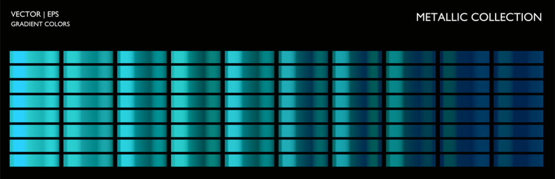 Marine Blue Metal Gradient Color Set. Chrome Texture Surface Background Template For Screen, Mobile, Digital, Web. Metallic And Chromium Shade Combination. Colorful Palette Collection.