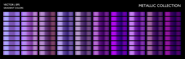 Metallic purple, violet gradient set. Lilac colorful palette and texture. Holographic background template for screen, mobile, banner, label, tag.