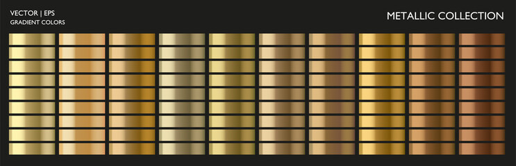 Metal gradient. Metallic set. Gold gradient. Golden palette. Chrome texture surface background template for screen, mobile, digital, web. Gold, silver, bronze colorful palette collection. - obrazy, fototapety, plakaty
