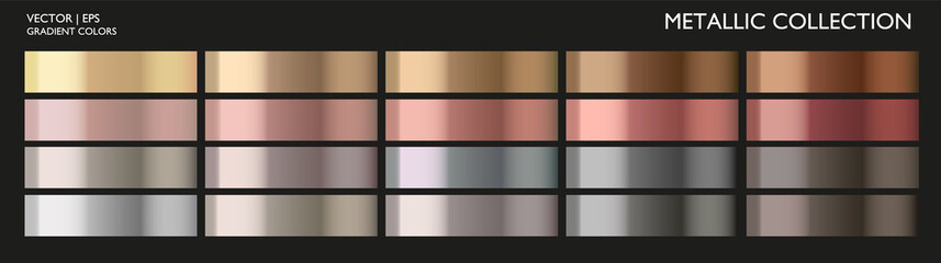  Metal color gradient set. Gold, silver, bronze colorful palette and texture collection. Holographic background template for screen, mobile, banner, label, tag. Metallic pattern, reflect effect.