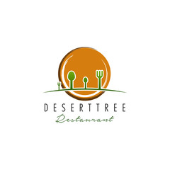 deserttree restaurant logo, fork and spoon as tree, so plate as sun