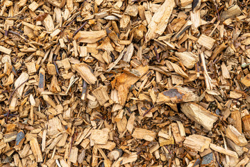 Background made of wood chips, closeup shot, wooden texture.