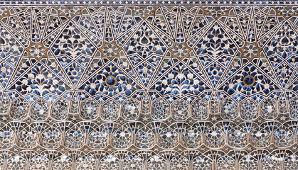 Ceiling decoration at Sheesh Mahal palace, Hall of Mirrors in Amber Fort near Jaipur, Rajasthan,...