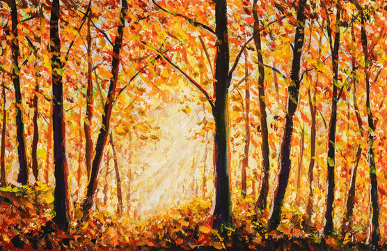 Beautiful autumn landscape painting. Sunny golden acrylic orange warm artistic park. Impressionism aurumn trees in wood forest artwork
