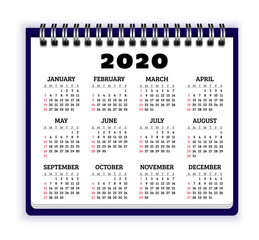 Notebook paper with calendar for 2020 year. Week starts from sunday. Vector background