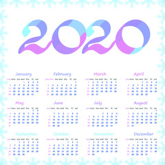 Calendar 2020, set of snowflakes. Frame of snowflakes.