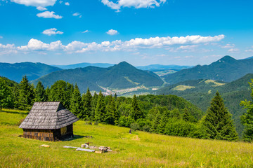 Fototapeta na wymiar Shelter cabin hut with view to valley, Velka Fatra, Western Carpathians, Slovakia