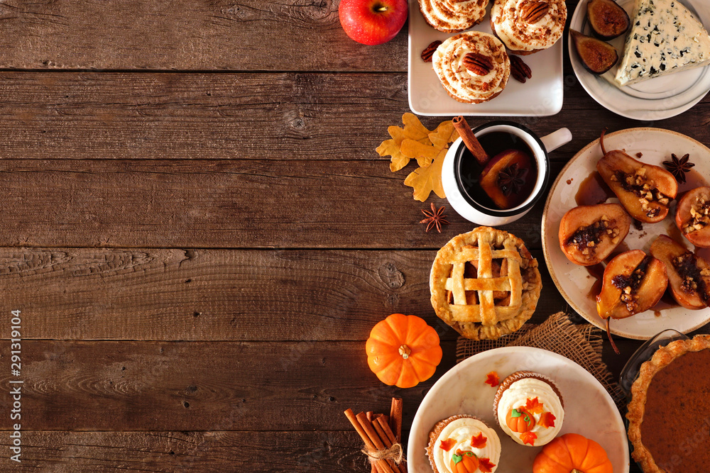 Poster autumn food side border. table scene with a selection of pies, appetizers and desserts. top view ove