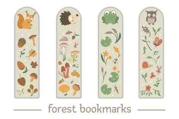 Vector set of bookmarks for children with woodland animals theme. Cute smiling baby squirrel, hedgehog, frog, owl on beige background. Vertical layout card templates with forest elements.