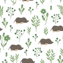 Vector seamless pattern of hand drawn flat funny baby mole with stylized foliage. Forest themed repeating background for children’s design. Cute animalistic backdrop. - obrazy, fototapety, plakaty
