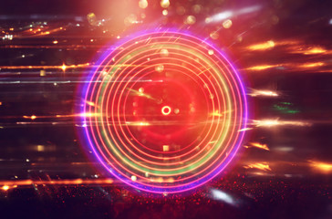 Abstract lens flare.concept image of space or time travel background over dark colors and bright lights