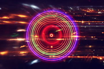 Abstract lens flare.concept image of space or time travel background over dark colors and bright lights