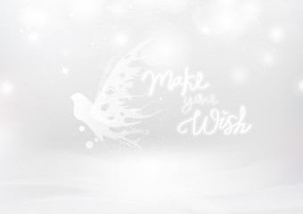 Fototapeta na wymiar Fairy with silver stars shiny, Make your wish messages calligraphy, Christmas winter seasonal holiday backdrop luxury, white abstract background vector illustration