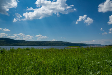 summer, clear, warm, day, trip, journey, walk, vacation, nature, forest, mountains, river, water, waves, coast, expanse, distance, expanse, observation, grass, blue, sky, clouds