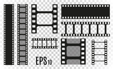 Set of film vector stripes isolated on transparent background.Film strip roll. Vector cinema background.