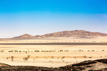 Surrealistic desert landscape with a view to a mountain, Namibia, Africa