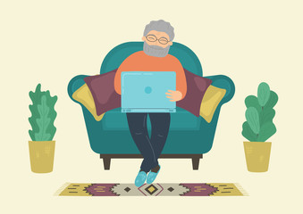 Elderly senior man sitting in armchair at home using laptop. Social media communication concept. Vector illustration.