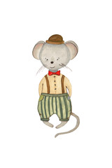 Watercolor illustration of a mouse in a hat and green pants hand-painted with watercolor paints and is perfect for all types of design and printing.