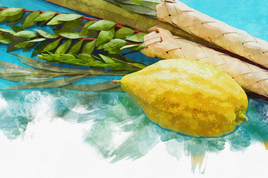 watercolor style and abstract image of Jewish festival of Sukkot. Traditional symbols (The four species): Etrog, lulav, hadas, arava