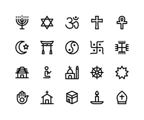 Simple Set of Religion Related Vector Line Icons. Contains such Icons as menorah, hinduism, ankh, muslim and More. pixel perfect vector icons based on 32px grid. Editable Strokes