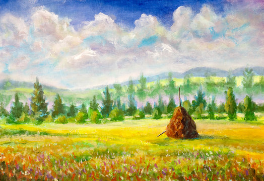 Countryside warm rural art painting with haystack