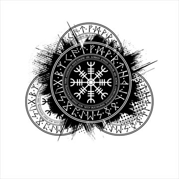 Black grunge ink blots splash pattern with scandinavian runic circle symbol