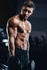 Fototapeta na wymiar Handsome strong athletic men pumping up muscles workout fitness and bodybuilding concept background - muscular bodybuilder fitness men doing arms abs back exercises in gym naked torso.