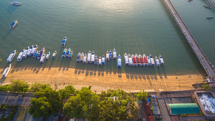 Obraz premium aerial photography at Chalong pier. Chalong bay is the most important marina of Phuket there have 2 piers and customs at pier.. Chalong pier transport tourist to travel around islands in Andaman sea