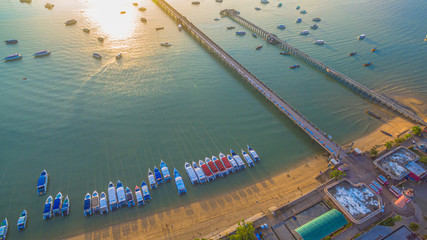 Obraz premium aerial photography at Chalong pier. Chalong bay is the most important marina of Phuket there have 2 piers and customs at pier.. Chalong pier transport tourist to travel around islands in Andaman sea