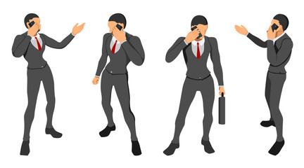 office man characters are posing calling. communication using a mobile phone.