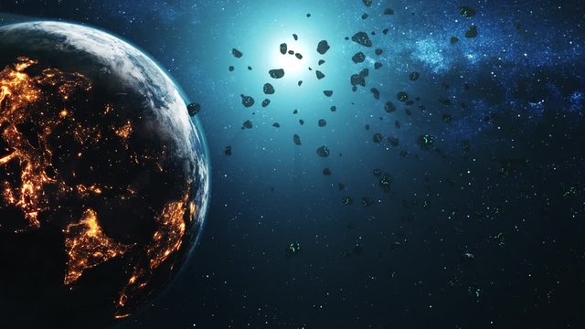Magnetic space rocks approach planet Earth illuminated by Sun against blue star light. 3d render animation. Science and technology concept. 4K. Elements of this media furnished by NASA