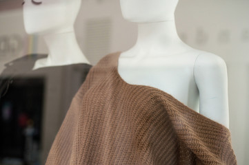 closeup of woolen pullover on mannequin in fashion store showroom for women