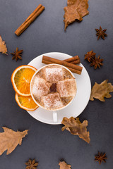 Cup of coffee with marshmallows and cocoa, leaves, dried oranges, cinnamon and star anise, gray stone background. Tasty hot autumn drink. Copy space.