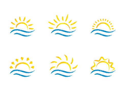 Sunrise and sea cartoon logo temlates collection. Water waves and sunbeam icons set.