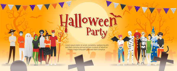 Happy Halloween party , group of teens in Halloween costume concept standing together on graveyard background , vector, illustration