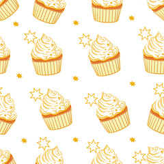  Cupcake decorated with golden stars. On a white background is a cream and golden cupcake. Cupcake decorated with golden stars. Color image. Vector illustration.
