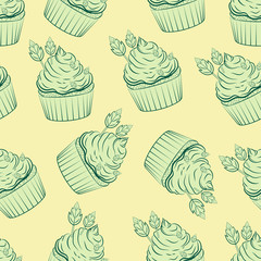 Mint Cupcake. Seamless pattern. On a cream-colored background, cupcake and mint leaves are the color of olives. Color image. Vector illustration.