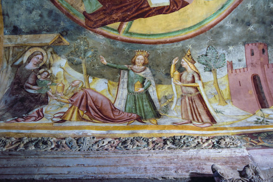 Interior detail of "Tempietto Longobardo / Longobard Temple" colorful paintings / fresco - Unesco world heritage. Built around 760 d.c