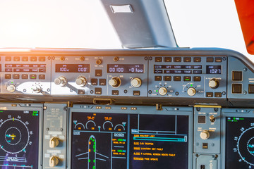 Dashboard autopilot parameters in a passenger airliner aircraft, close up view.