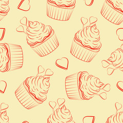  Cupcake. Seamless pattern. On a pink background are pink contour cupcakes with hearts. Vector illustration.
