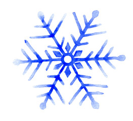 Snowflake hand drawn in watercolor isolated on a white background