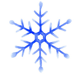 Snowflake hand drawn in watercolor isolated on a white background