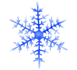 Snowflake hand drawn in watercolor isolated on a white background