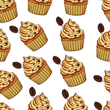  Coffee cupcake. Seamless pattern. On a white background, a coffee muffin decorated with coffee grains. Multi-colored image. Vector illustration.