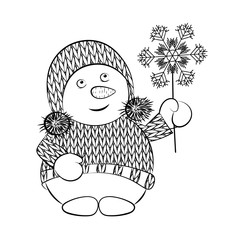  Contour image of a snowman in a knitted sweater. For New Year's decor or children's coloring. Vector illustration.