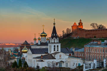 Fototapeta na wymiar Cityscape of Nizhny Novgorod town in sunset light. Russia